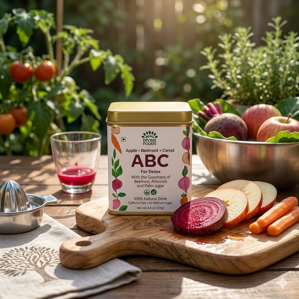 The Divine Foods ABC Latte Mix | Apple, Beetroot, Carrot | No Preservatives | No Refined Sugar | Ready-to-Mix | Added Native Indian Herbs | (125gms)