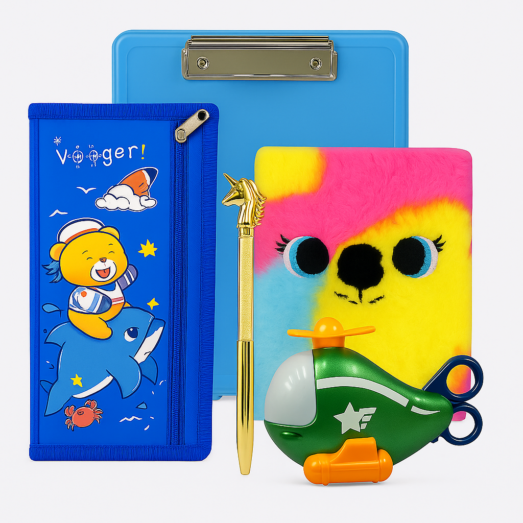 5-in-1 Premium Kids Stationery Gift Combo – Includes Helicopter Stationery Set, Fluffy Koala Diary, Spiderman A4 Clipboard, Cartoon Pencil Pouch & Unicorn Glitter Pen