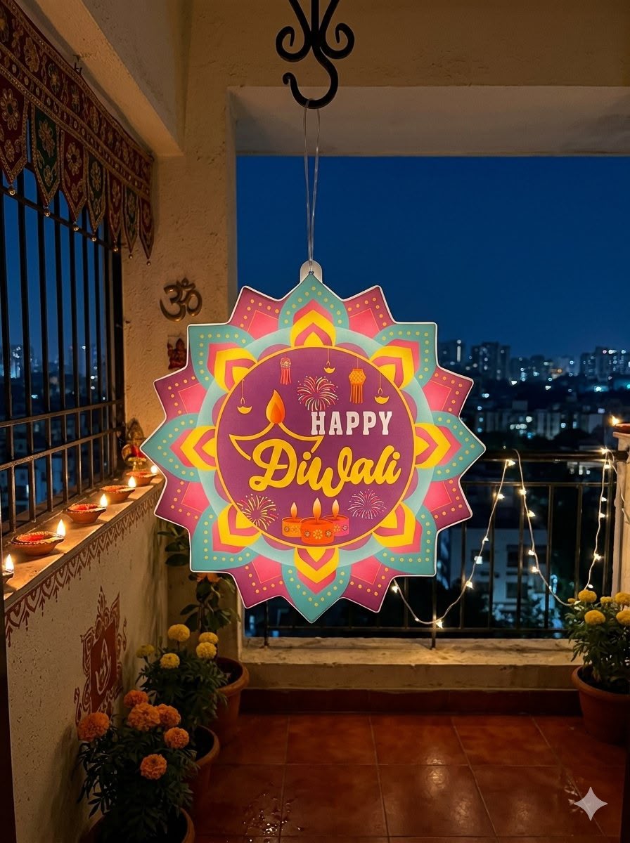 Happy Diwali" Hanging LED Window & Door Decor Light | Festive Mandala Diya Silhouette Light for Home, Pooja Room & Balcony Decoration