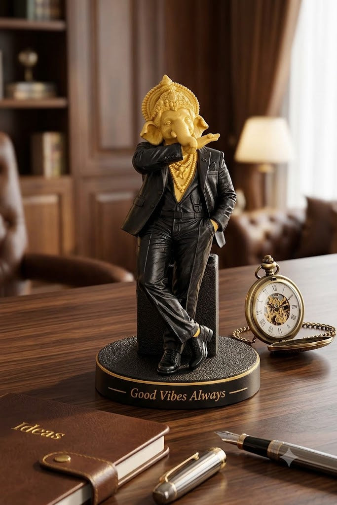 Modern Dapper Ganesha 3D-Printed Figurine – "Good Vibes Always" Dashboard & Desk Idol