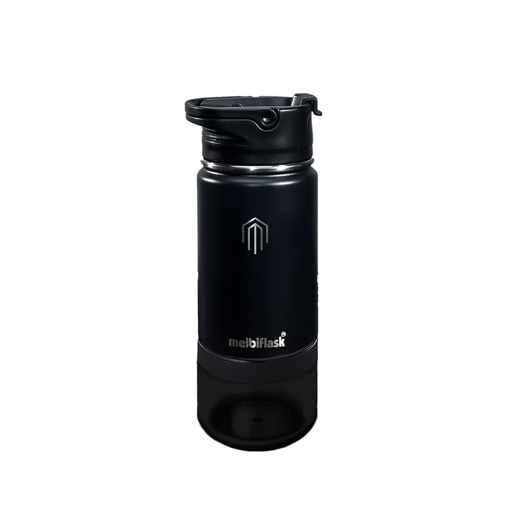 Melbify Melbiflask Mini | 2 in 1 Everyday Flask with Snack Compartment | 500 ml | Black | Hot 12 Hrs/Cold 24 Hrs | Wide Mouth | Easy Flip Lid | BPA-Free | Fits in Bag/Car | Ideal for School, Work, Gym