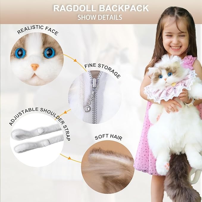Stuffed Realistic Cat Plush Backpack, Cute and Soft Cat Shaped Backpack with Detachable Straps, Enough Room to Hold Keys, Wallet, Cell Phone, Ideal Gift for Girls, Random colours
