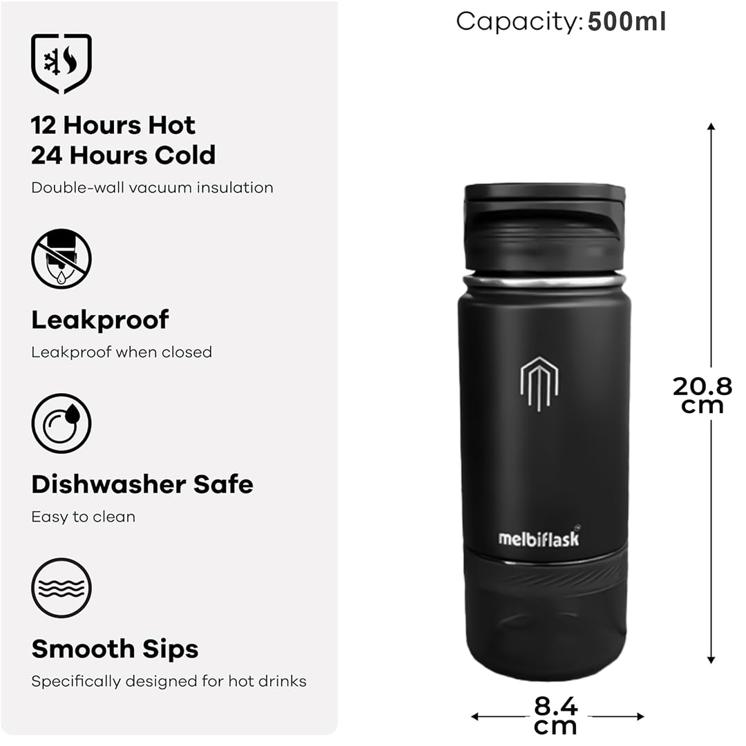 Melbify Melbiflask Mini | 2 in 1 Everyday Flask with Snack Compartment | 500 ml | Black | Hot 12 Hrs/Cold 24 Hrs | Wide Mouth | Easy Flip Lid | BPA-Free | Fits in Bag/Car | Ideal for School, Work, Gym