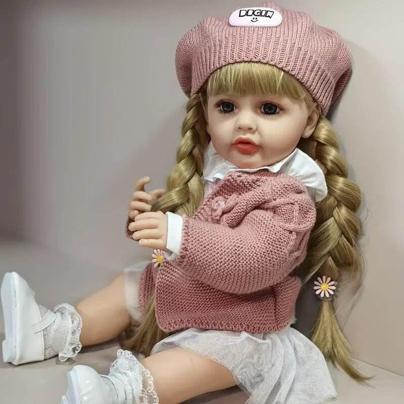 Reborn Baby Dolls Silicone Vinyl Toddler Toys with Straight Brown Hair DIY Fashion Style for Girls Birthday Gift Set for 3+ Ages