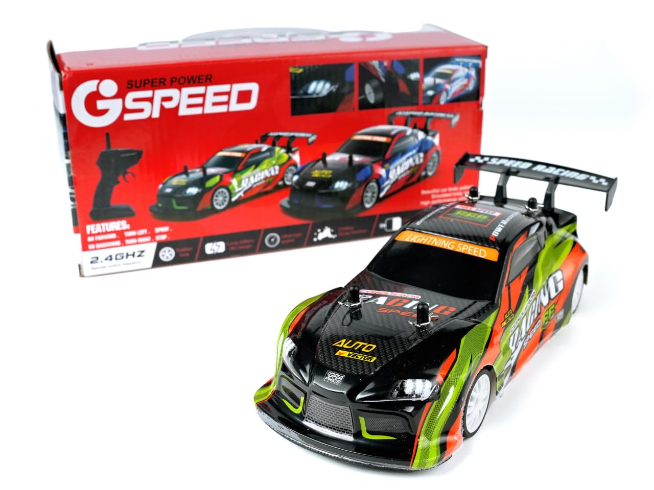 Racing Conqueror 1:16 Scale RC Drift Car – 2.4GHz 4WD High-Speed Remote Control Car with LED Lights, Dual Tires & Rechargeable Battery