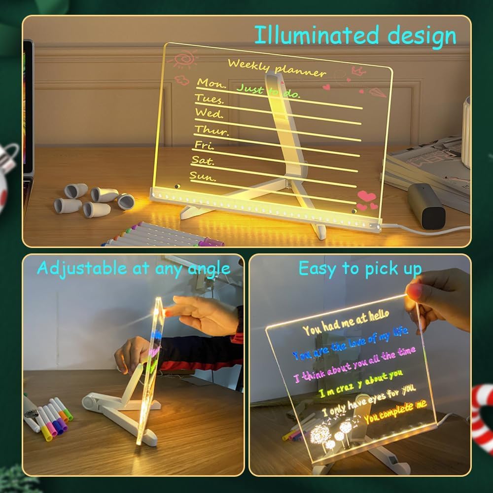 LED Acrylic Glow Board with 7-Color Light | Dry Erase Message Board with Stand