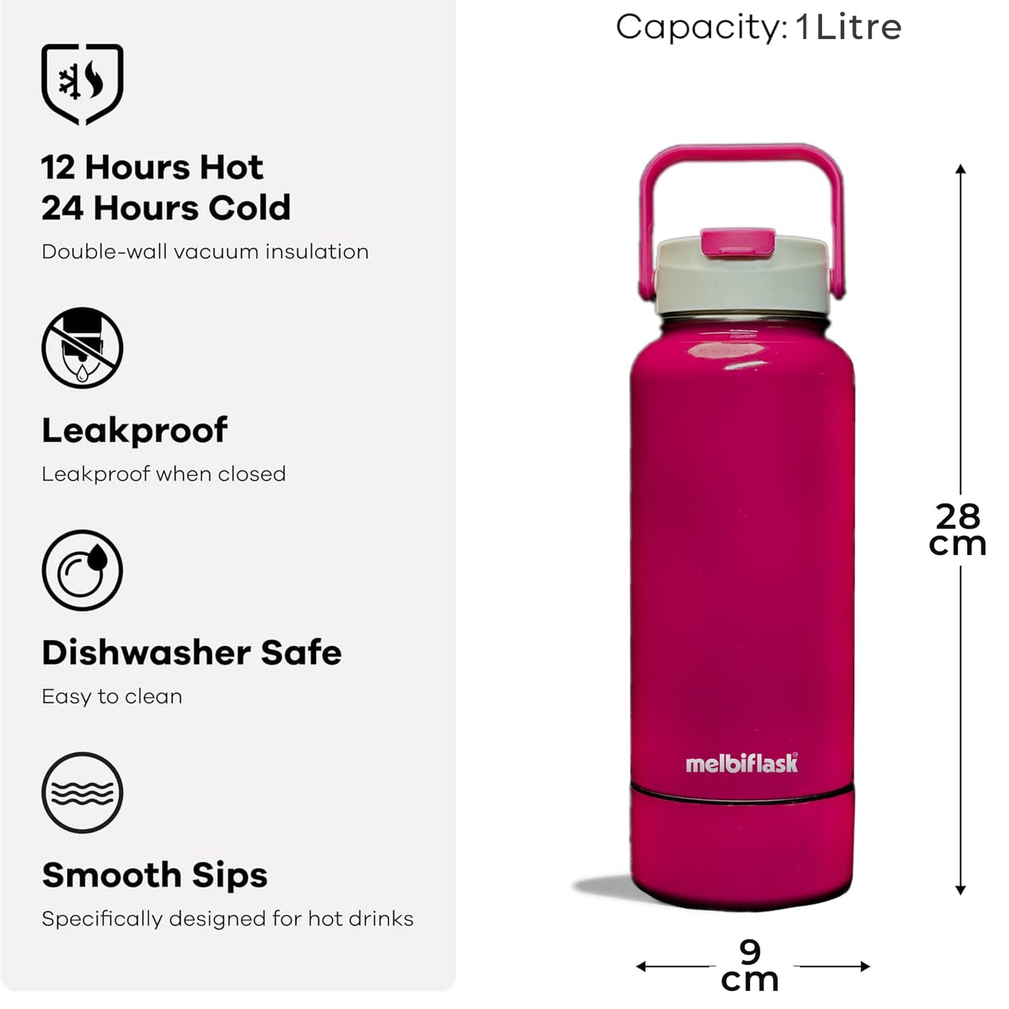 Melbify Stainless Steel | 2-In-1 Thermos Flask With Attached Snacks Container | 1 Litre | Melbisport Maroon | Dual Lid For Sip & Pour | Ideal For Sports, Travel, & Everyday Use