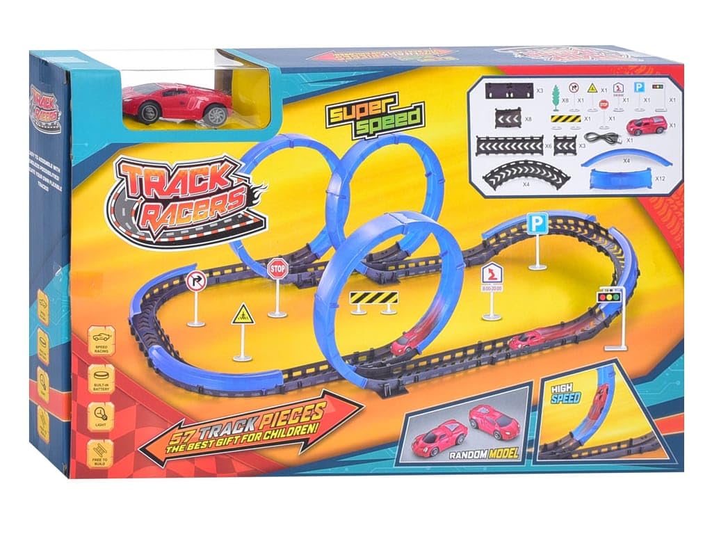 Track Racers Deluxe Racing Car Set, 36-Piece Track with Traffic Signs, Educational Vehicle Playset for Kids, Blue and Red Racing Track with Accessories