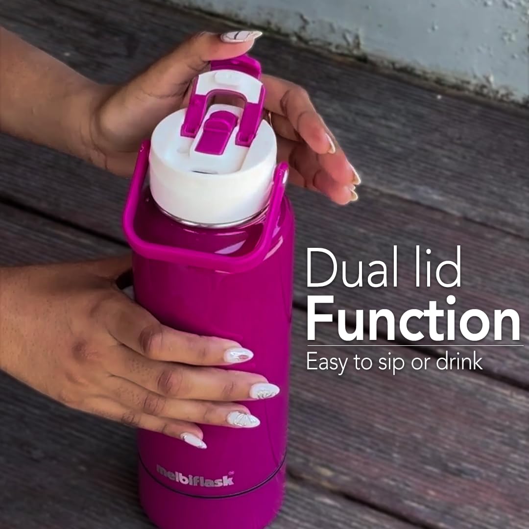 Melbify Stainless Steel | 2-In-1 Thermos Flask With Attached Snacks Container | 1 Litre | Melbisport Maroon | Dual Lid For Sip & Pour | Ideal For Sports, Travel, & Everyday Use