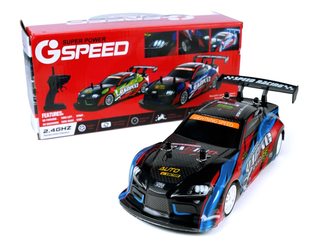 Racing Conqueror 1:16 Scale RC Drift Car – 2.4GHz 4WD High-Speed Remote Control Car with LED Lights, Dual Tires & Rechargeable Battery