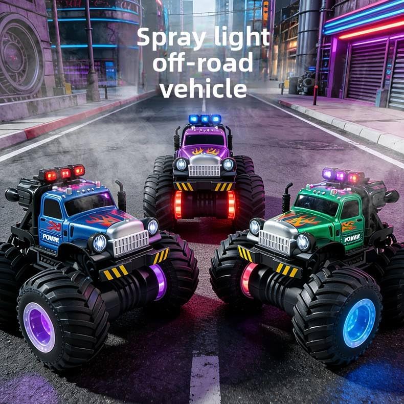 RC Monster Truck for Kids, 2.4GHz Remote Control Off-Road Car with LED Lights, Spray Mist Effect, Wrist Controller, 4WD Big Tires, Rechargeable Toy Gift for Boys & Girls