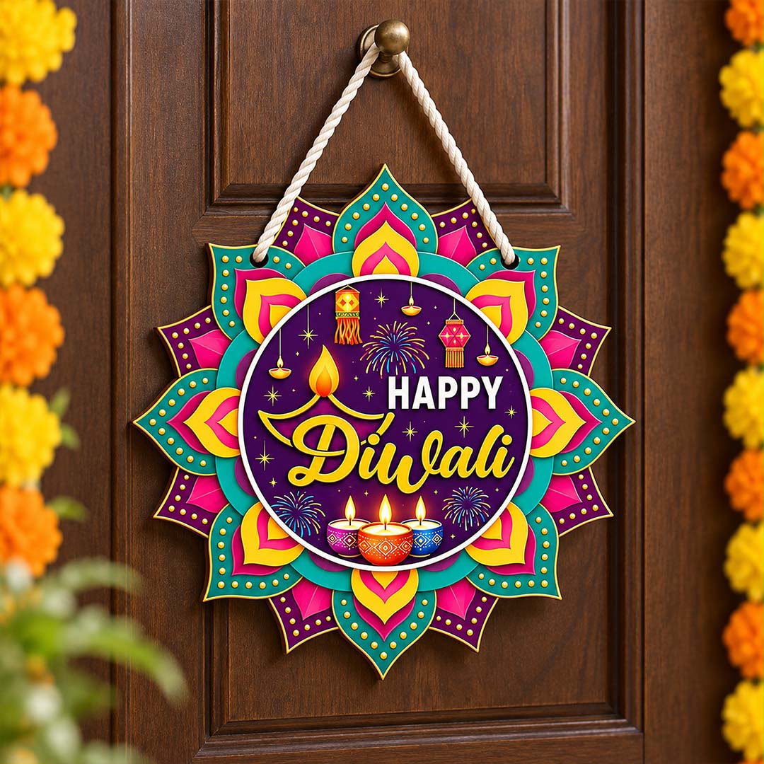 Happy Diwali" Hanging LED Window & Door Decor Light | Festive Mandala Diya Silhouette Light for Home, Pooja Room & Balcony Decoration