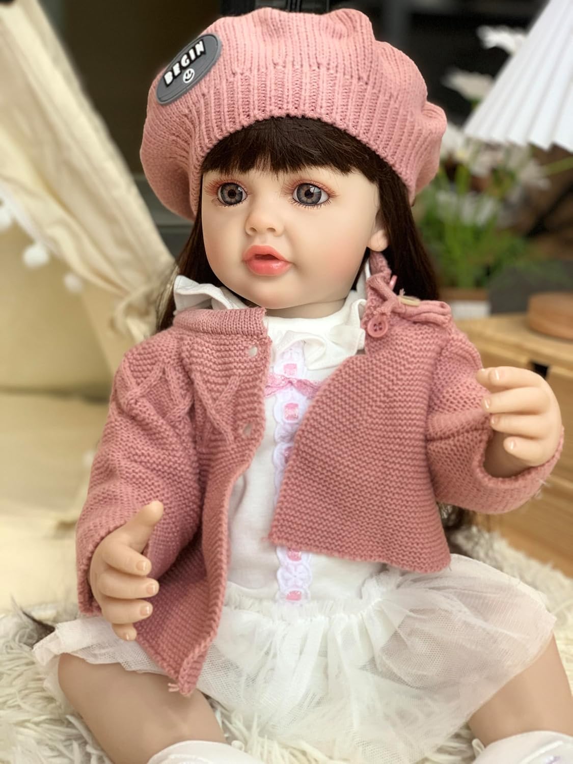 Reborn Baby Dolls Silicone Vinyl Toddler Toys with Straight Brown Hair DIY Fashion Style for Girls Birthday Gift Set for 3+ Ages