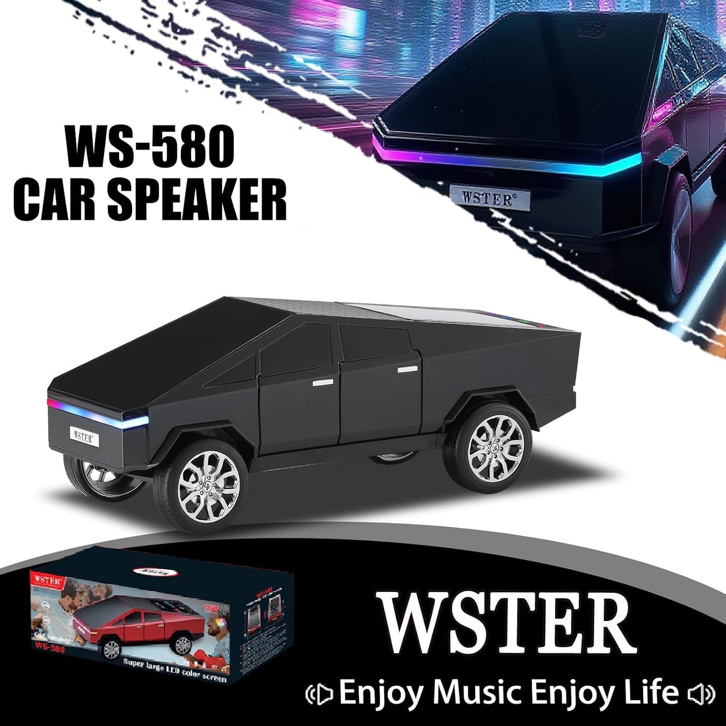 WS-580 Bluetooth Pickup Truck Replica Portable Speaker,with Display Screen,HD Sound, TWS Pairing, FM Radio,Built-in Microphone Hands-Free Calling, LED Party Light, Surprise Gift for Car Lovers(Black)
