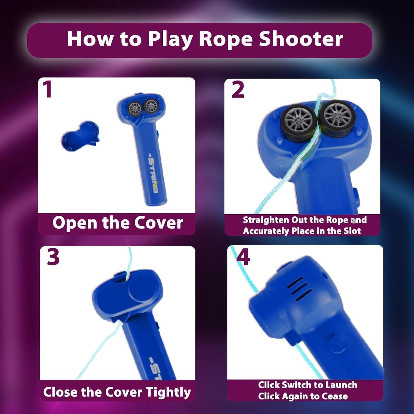 Rope Thruster Shooter Toy for Kids with Glow Rope Launcher - Handheld Zip String Gun with Propeller Mechanism, Rope Shooting Game Toy for Boys Girls Indoor Outdoor Play