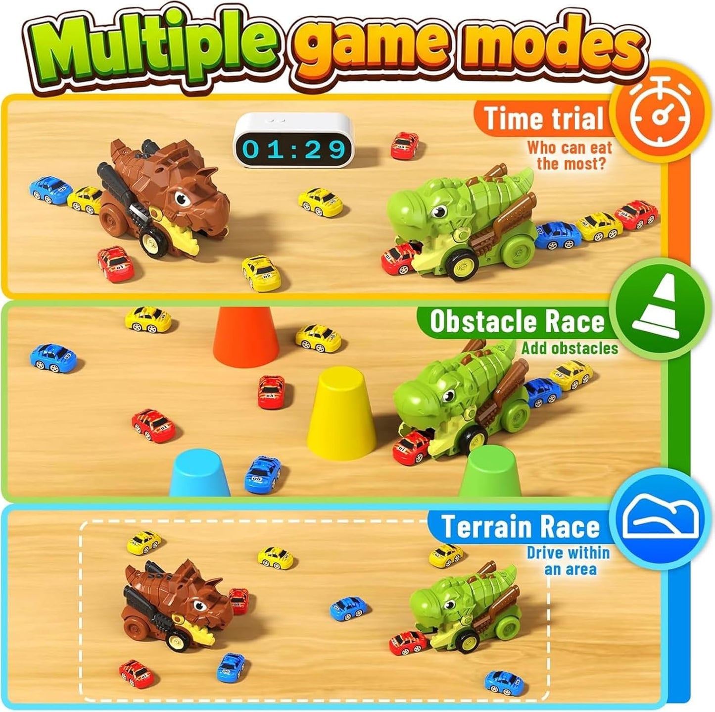 6 Mini Racing Cars Remote Control Dinosaur Car Transport Truck Toy with | T-Rex Carrier Vehicle | RC Toy for Kids | Light & Music | Multicolo