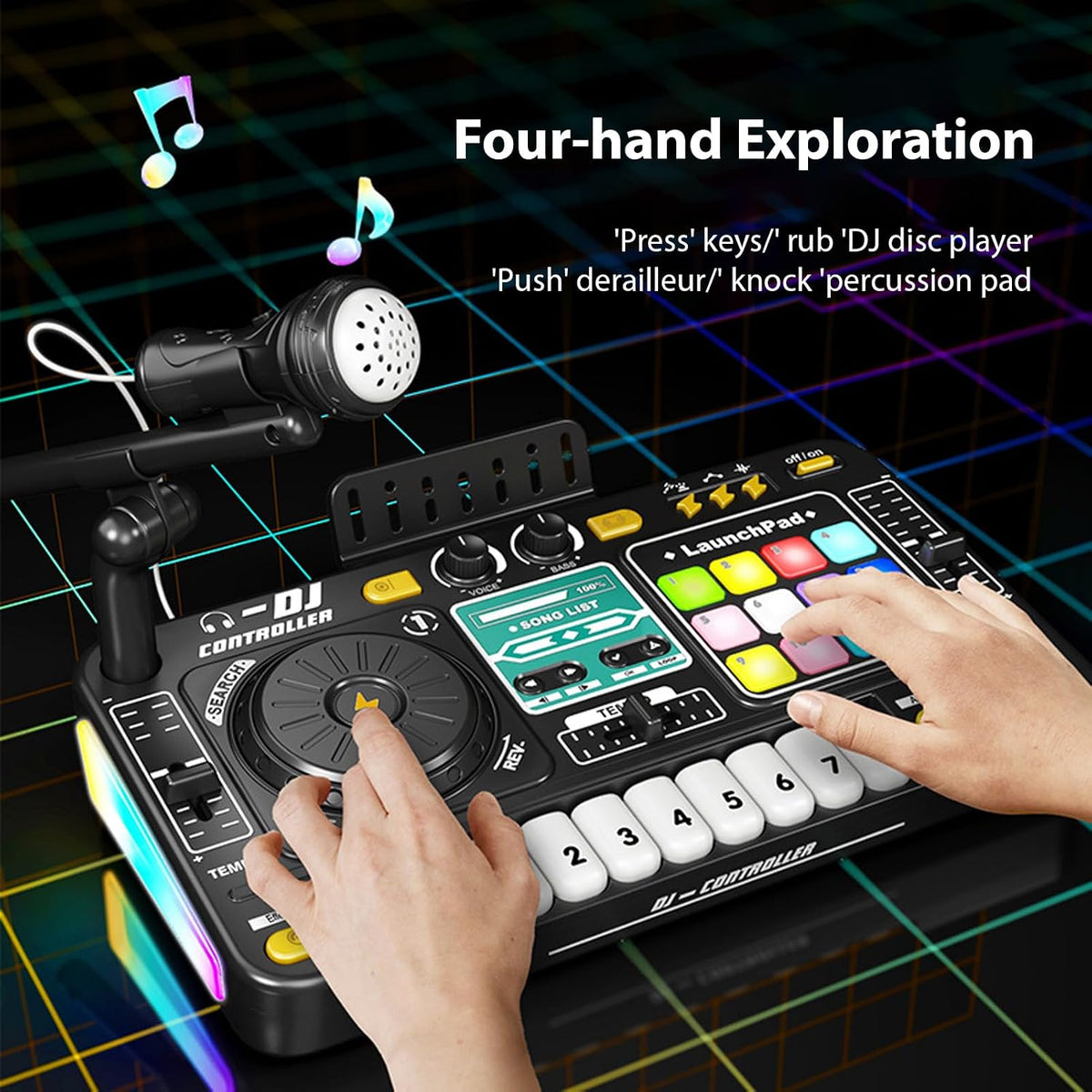 DJ Controller Player Electronic Keyboard BT DJ Mixer Table with Adjustable Microphone Dynamic Lighting Effects (Black)