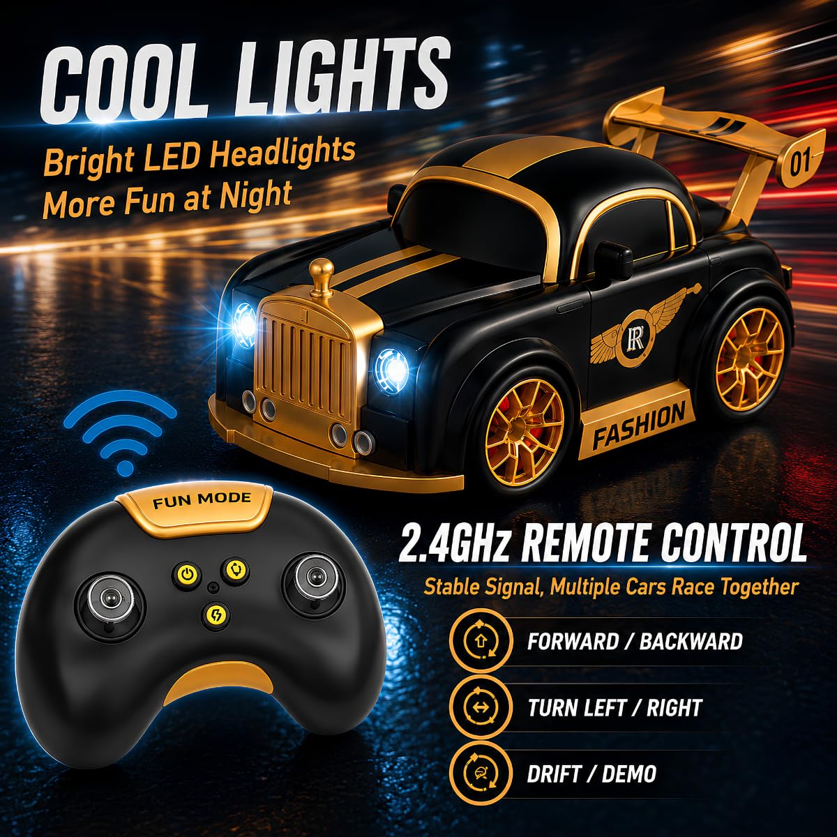 2.4G Multifunctional Mini Drift Remote Control Car, RC Drift Car for Kids with Sensor Follow, 360° Drift, LED Lights & Rechargeable Battery, Magnetic Modular Design, Toy Gift for Boys Girls