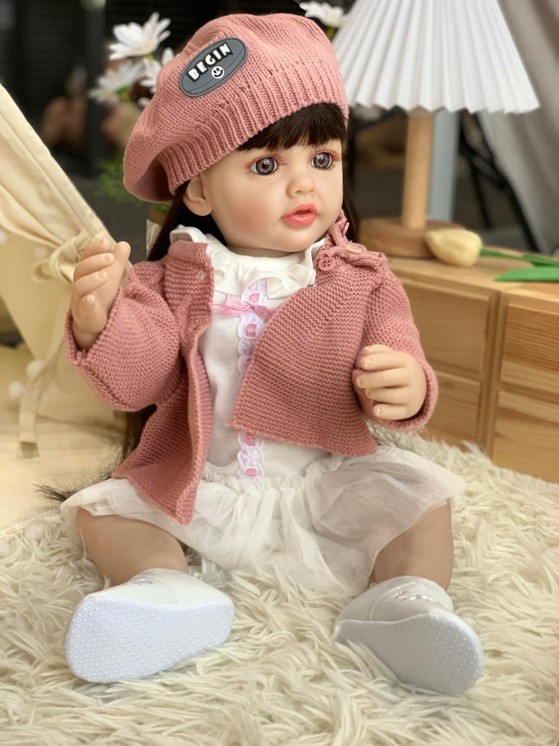 Reborn Baby Dolls Silicone Vinyl Toddler Toys with Straight Brown Hair DIY Fashion Style for Girls Birthday Gift Set for 3+ Ages