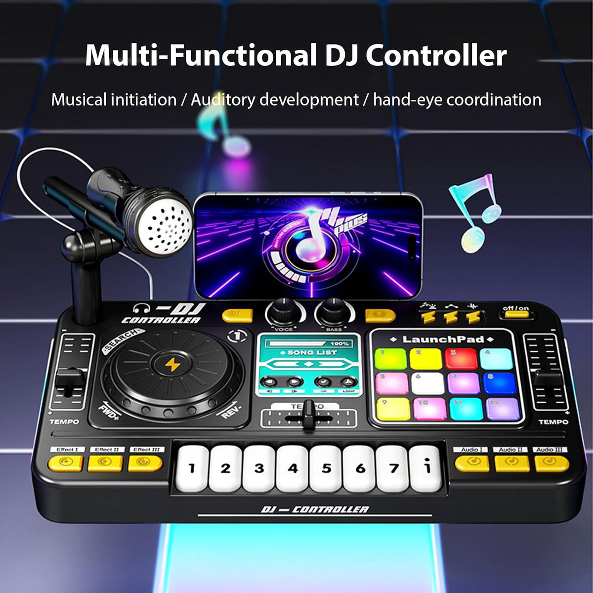 DJ Controller Player Electronic Keyboard BT DJ Mixer Table with Adjustable Microphone Dynamic Lighting Effects (Black)