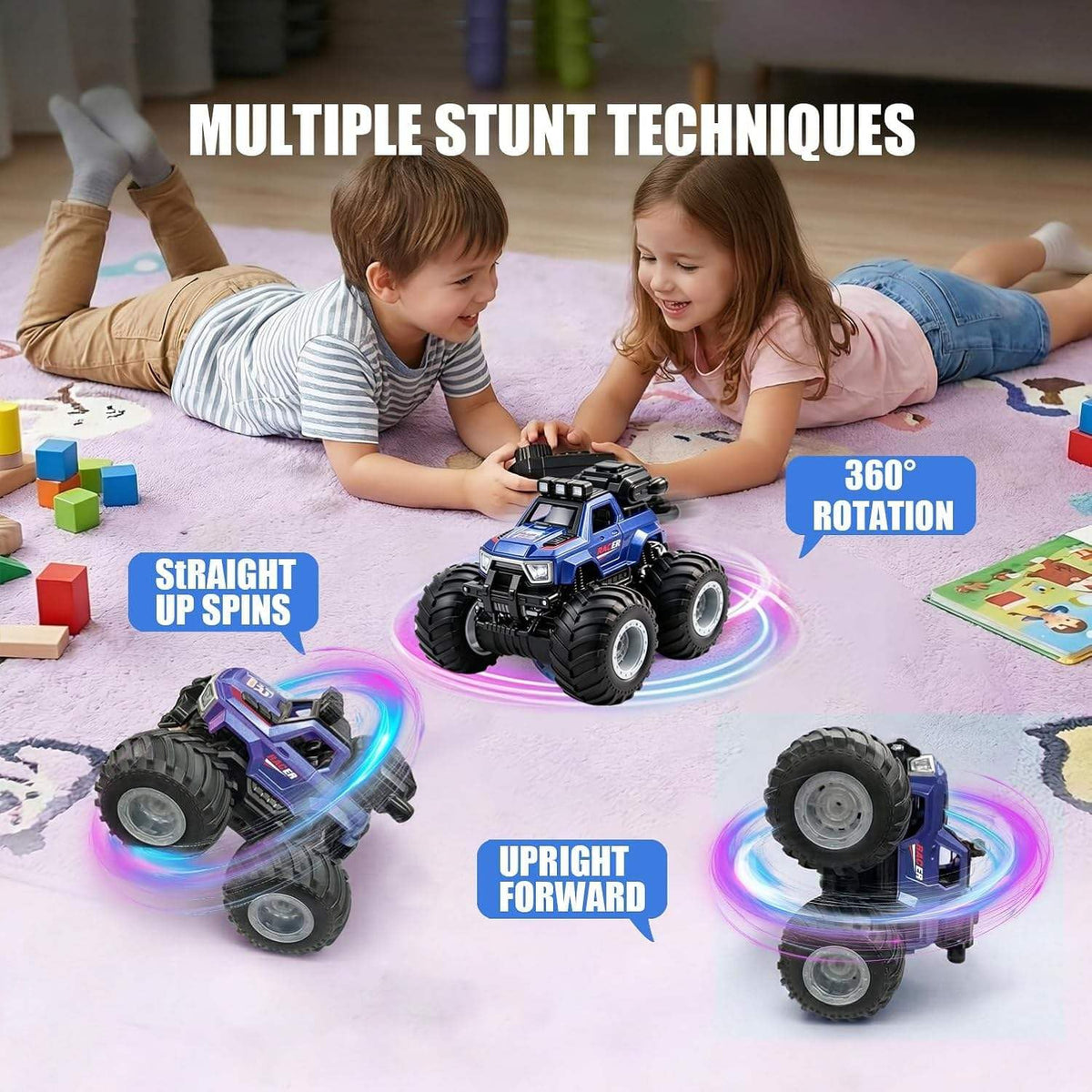 RC Monster Truck for Kids, 2.4GHz Remote Control Off-Road Car with LED Lights, Spray Mist Effect, Wrist Controller, 4WD Big Tires, Rechargeable Toy Gift for Boys & Girls