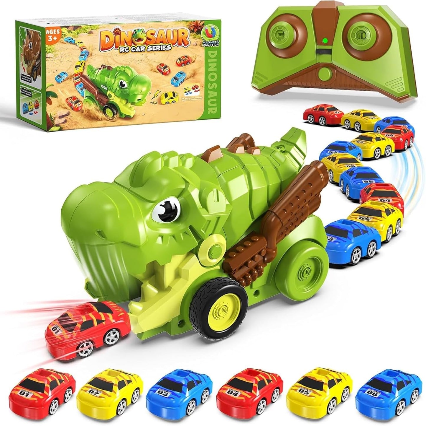 6 Mini Racing Cars Remote Control Dinosaur Car Transport Truck Toy with | T-Rex Carrier Vehicle | RC Toy for Kids | Light & Music | Multicolo