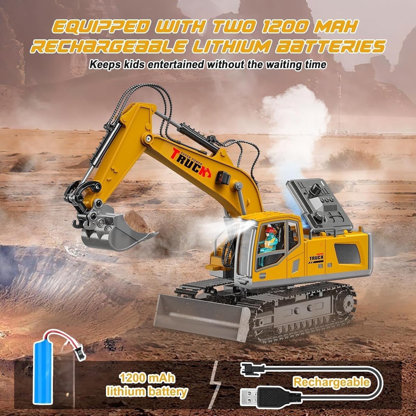 1/12 Scale RC Excavator, 13-Channel Remote Control Construction Truck with Metal Shovel, 2.4GHz High-Speed RC Tractor Toy JCB