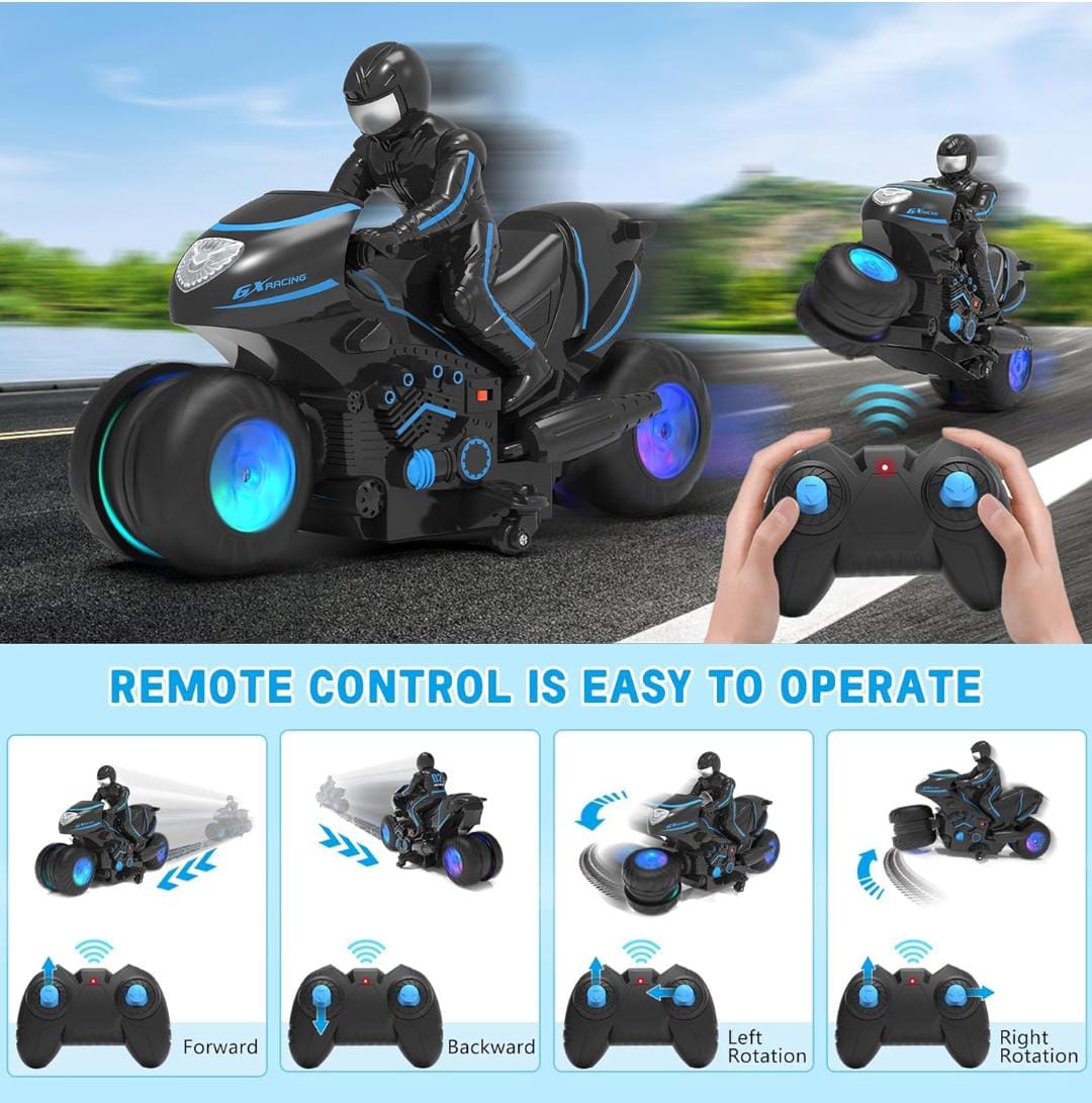 Motorcycle, Remote Control Motorcycle with RGB Wheels Lights - 360-degree Rotations, Drifts, High-Speed, RC Car Dirt Bike Toy for Boys 4-7 8-12 Years Kids