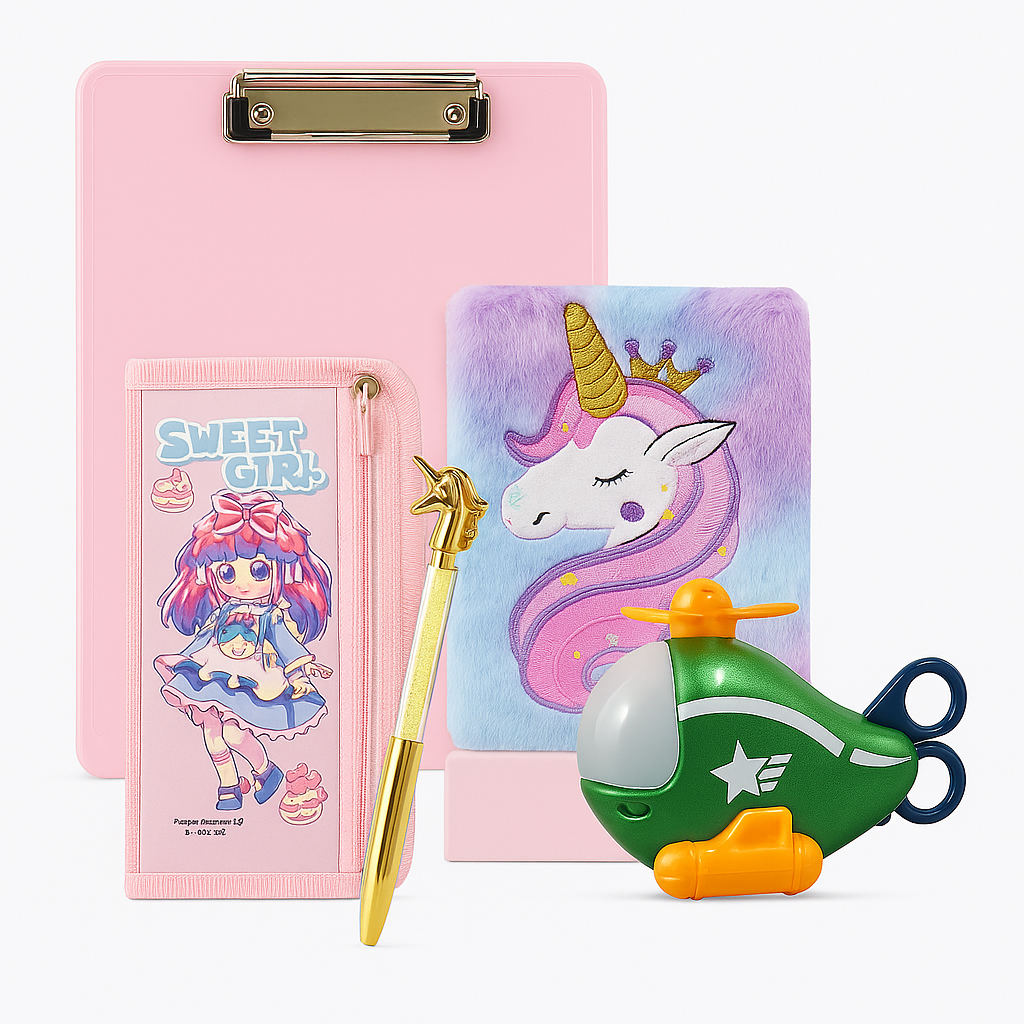 5-in-1 Premium Kids Stationery Gift Combo – Includes Helicopter Stationery Set, Fluffy Koala Diary, Spiderman A4 Clipboard, Cartoon Pencil Pouch & Unicorn Glitter Pen