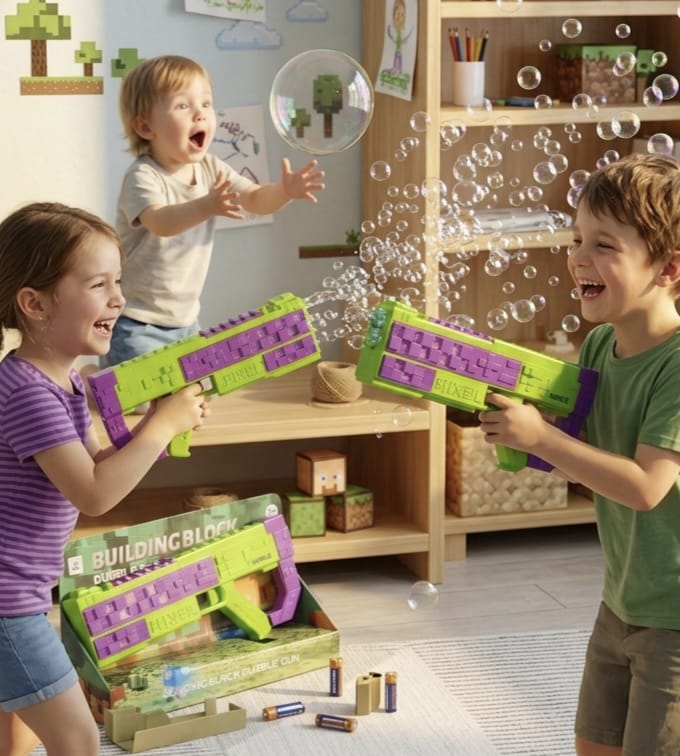 Building Block Pixel Bubble Gun- Kids Automated Bubble Gun