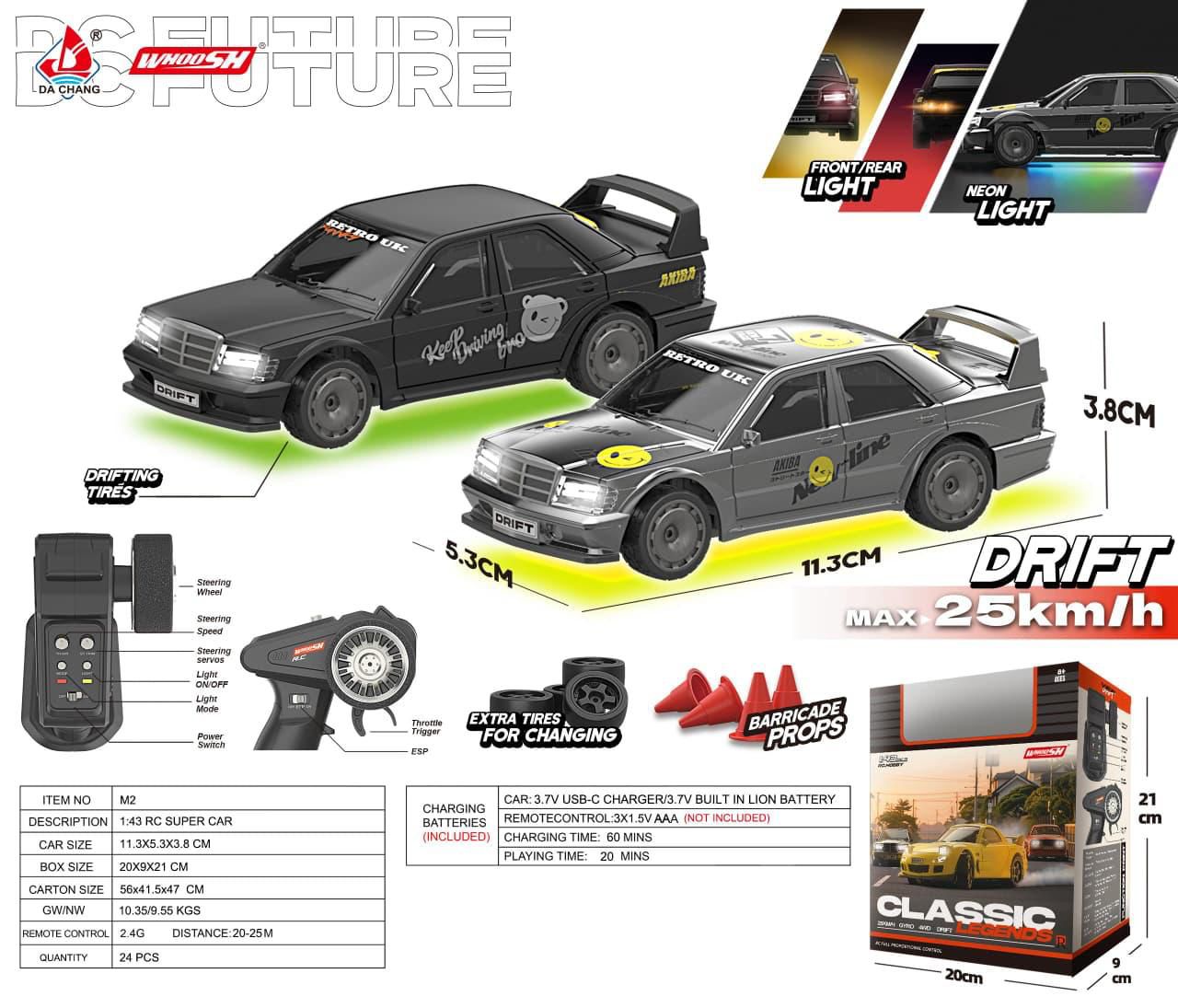 Drift RC Super Car 1:43 – 25km/h Speed, LED Neon Lights, Extra Drift Tires