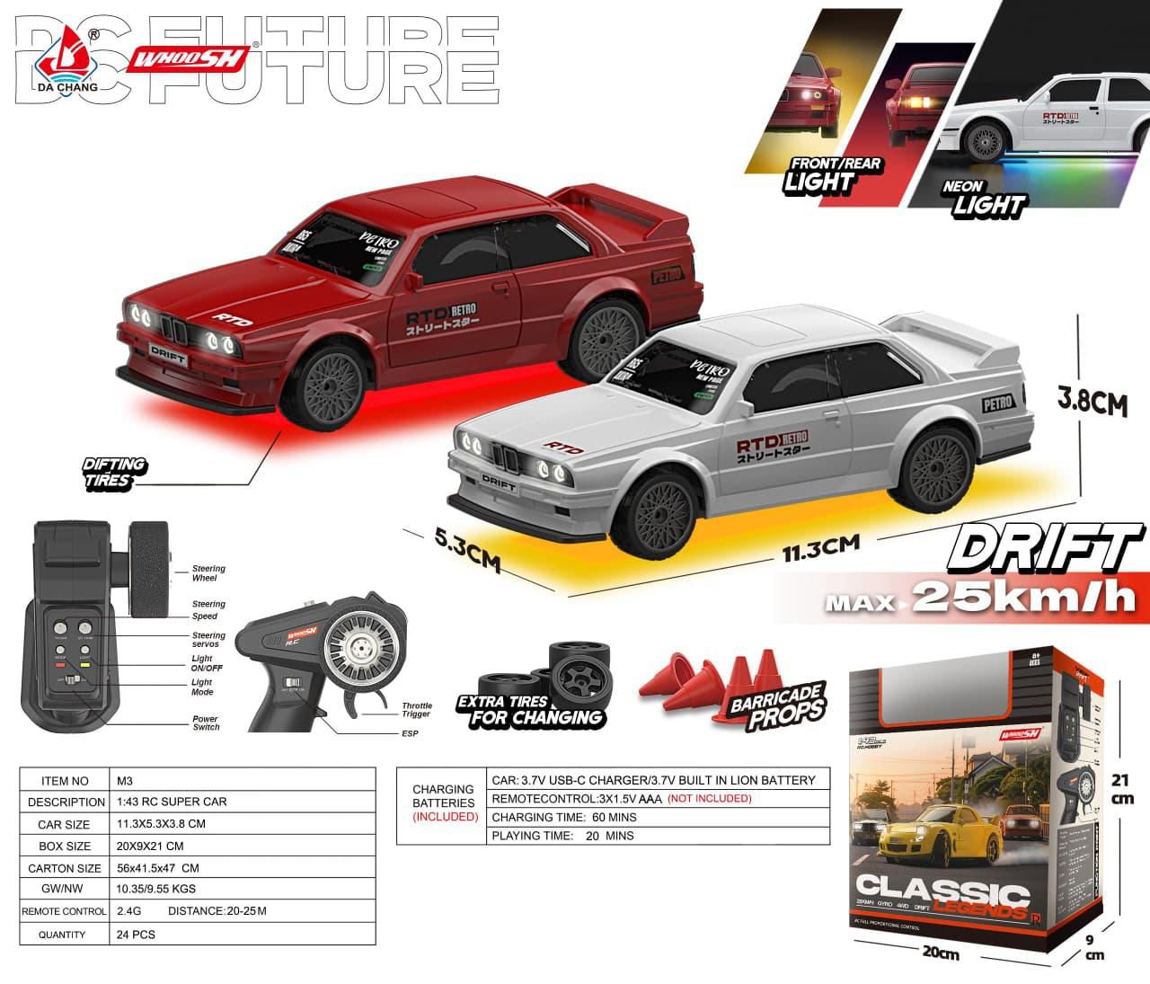 Drift RC Super Car 1:43 – 25km/h Speed, LED Neon Lights, Extra Drift Tires