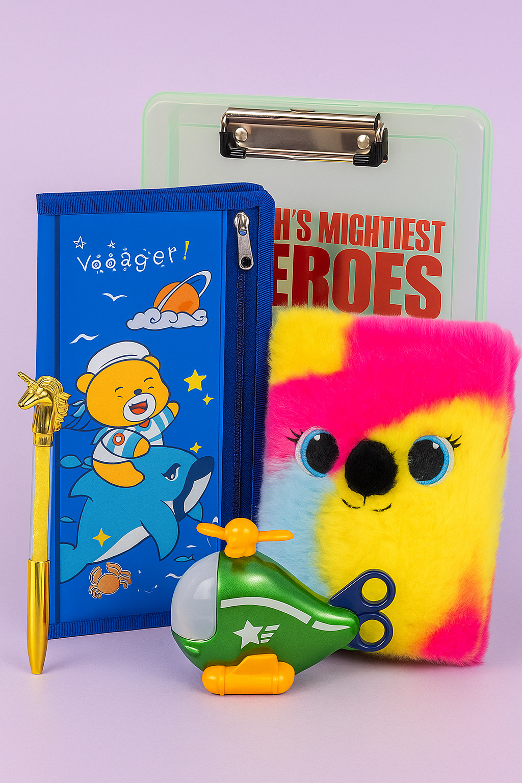 5-in-1 Premium Kids Stationery Gift Combo – Includes Helicopter Stationery Set, Fluffy Koala Diary, Spiderman A4 Clipboard, Cartoon Pencil Pouch & Unicorn Glitter Pen