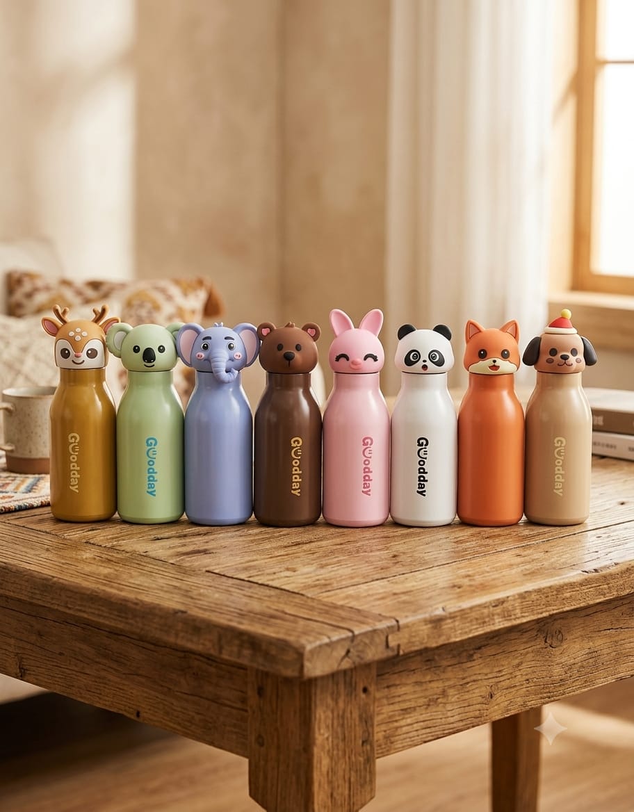 Goodday Cute Animal Character Insulated Stainless Steel Water Bottle for Kids & Adults (350ml / Leak-Proof)