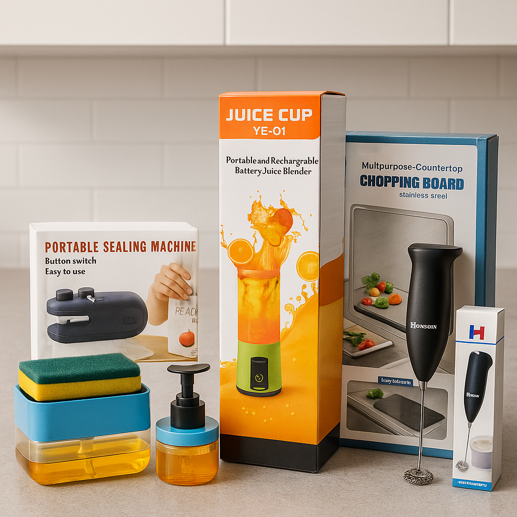 Kitchen Essentials Combo Premium 7-in-1 Portable Sealer, 3-in-1 Soap Dispenser, Rechargeable Juice Blender, Steel Chopping Board, Milk Frother, Multifunctional Slicer & Spray Oil Bottle