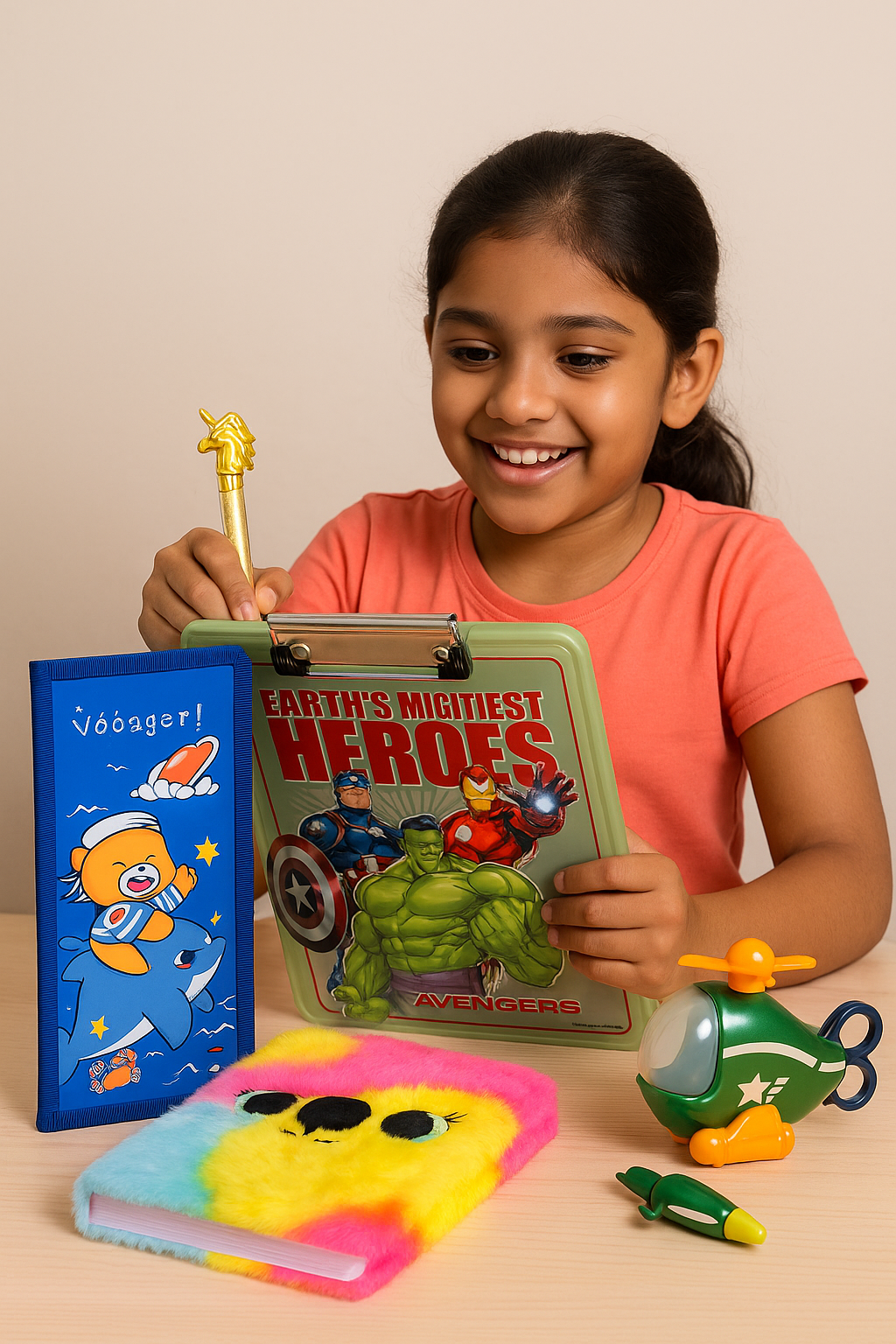 5-in-1 Premium Kids Stationery Gift Combo – Includes Helicopter Stationery Set, Fluffy Koala Diary, Spiderman A4 Clipboard, Cartoon Pencil Pouch & Unicorn Glitter Pen