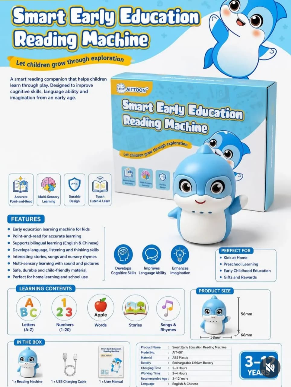 AITTOON Smart Dolphin Point-and-Read Audio Toy – Bilingual Early Learning & Speaking Companion for Toddlers & Preschoolers