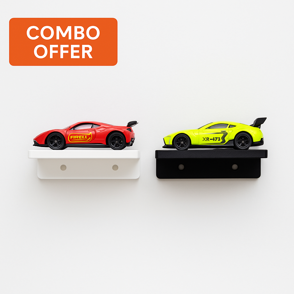 🔥 Hot Wheels Collector Combo – 2 Random Die-Cast Cars + 2 Wall Display Stands (3D Printed)