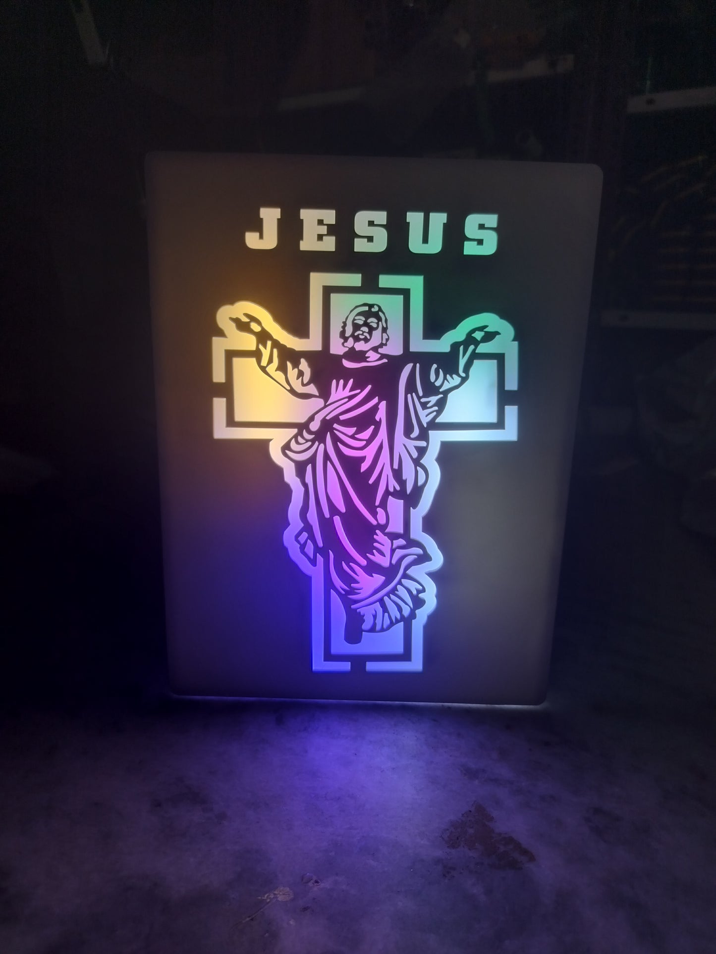 Jesus Cross LED Wall Frame – Multicolor Light Christian Decor
