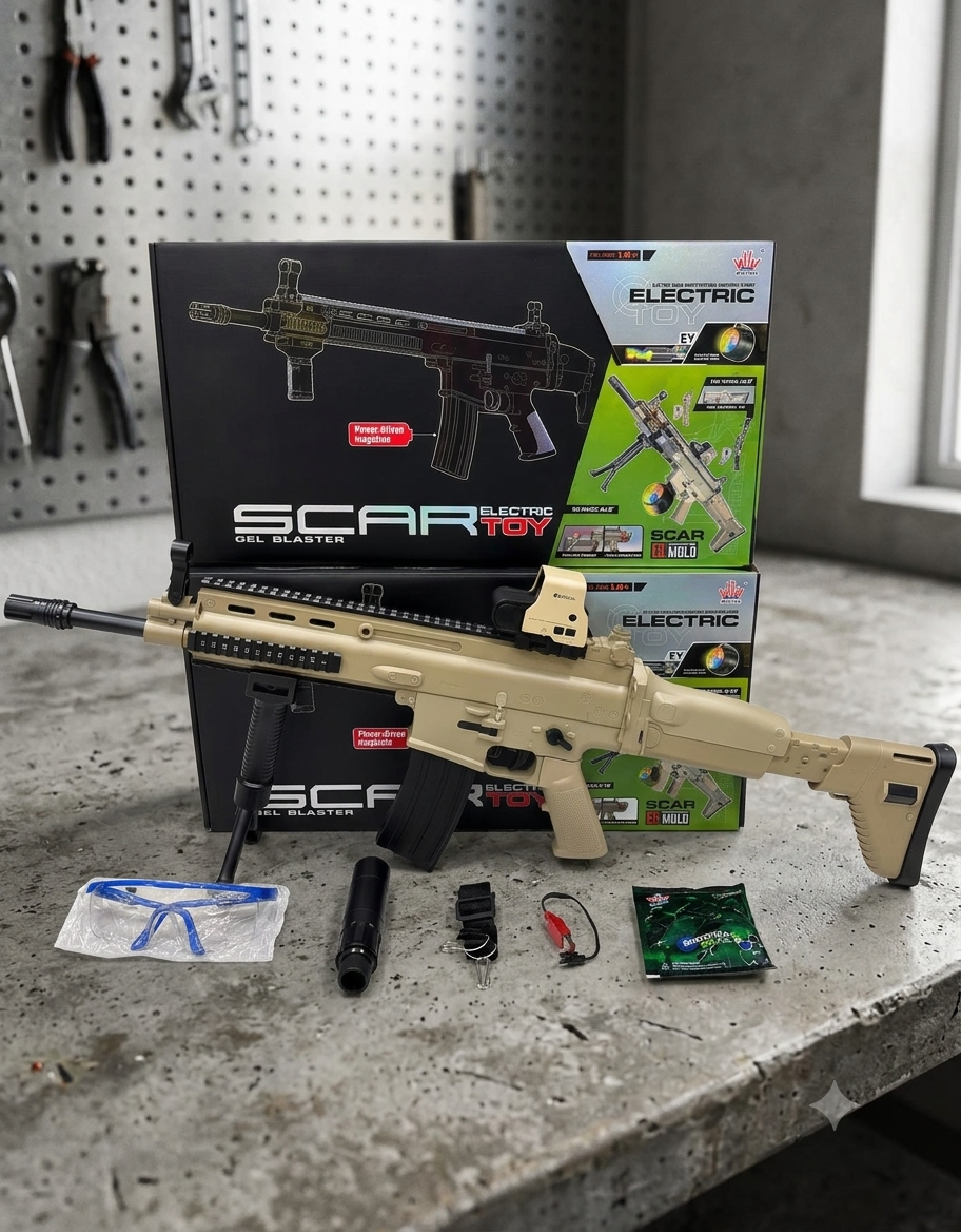 Electric SCAR Gel Ball Blaster Gun – Full Auto Hydrogel Toy with Tactical Scope, Bipod & Complete Accessory Kit (Ages 14+)