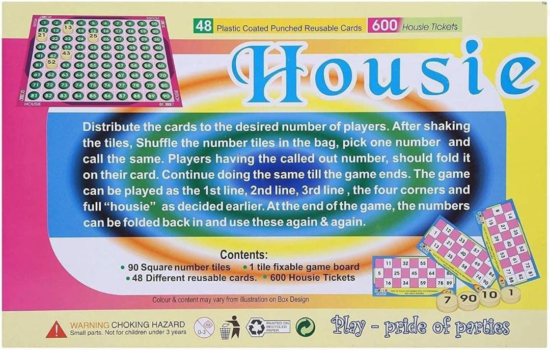 Dolly Housie Board Game - 600 Tickets with 48 Reusable Cards & Flexible Tile Board