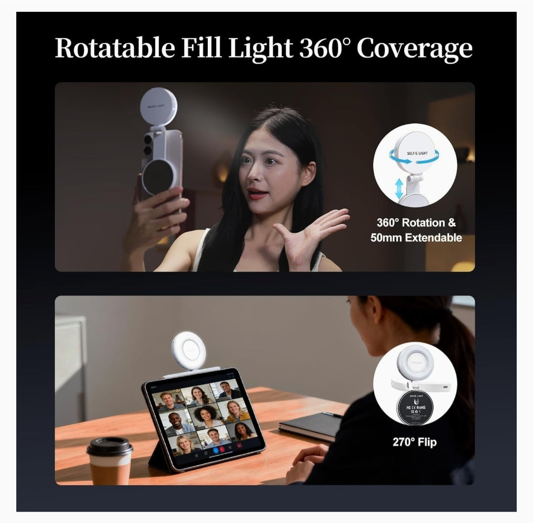 Magnetic Beauty Selfie Light with 2.4" Mirror, Adjusted 3 Modes, Rechargeable Fill Light for Selfies, Photography,Makeup,Vlog (3-in-1 Magnetic Beauty Selfie Light)