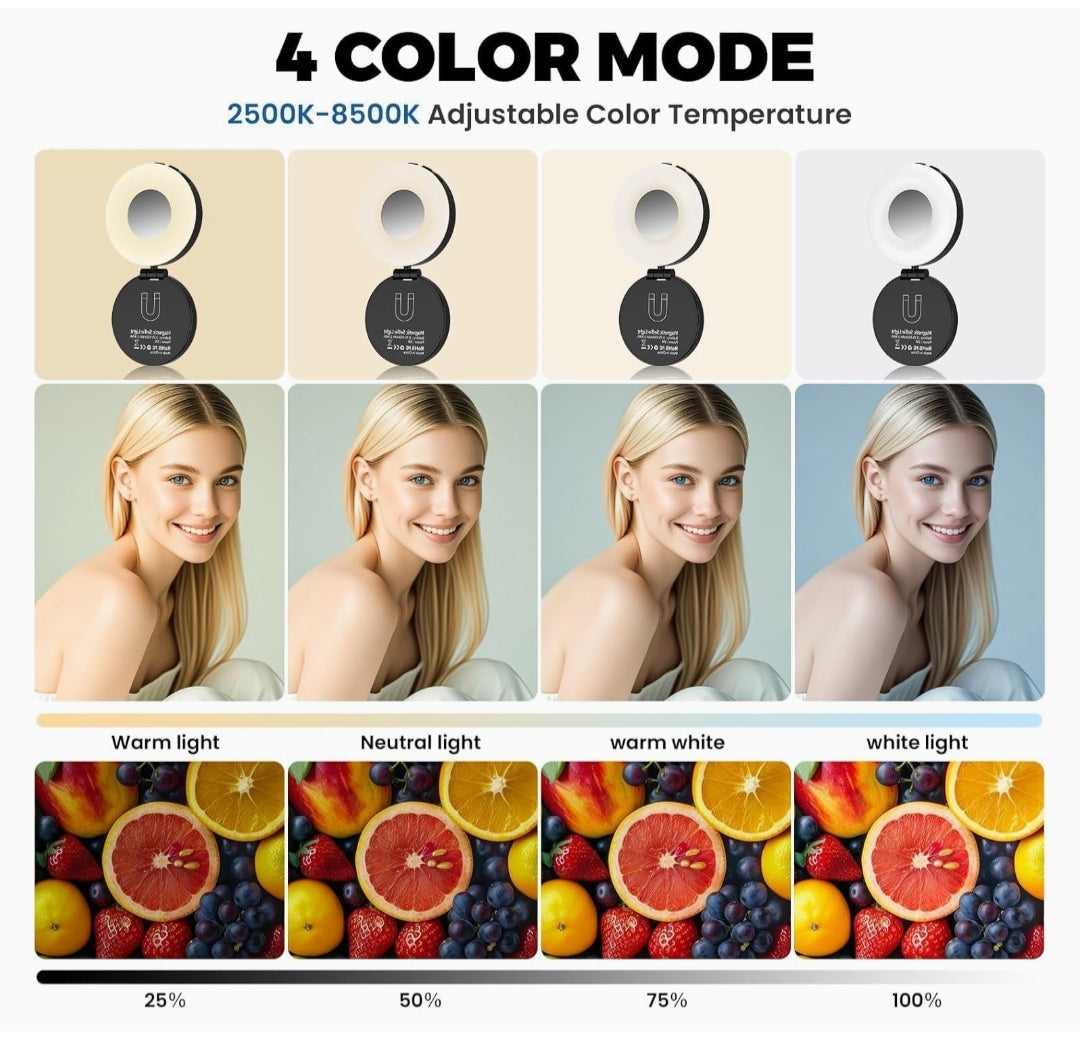 Magnetic Beauty Selfie Light with 2.4" Mirror, Adjusted 3 Modes, Rechargeable Fill Light for Selfies, Photography,Makeup,Vlog (3-in-1 Magnetic Beauty Selfie Light)