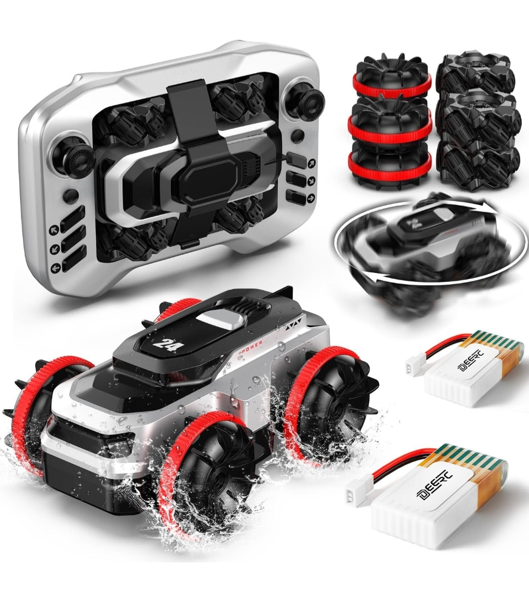 Amphibious RC Stunt Car: 4WD Waterproof Remote Control Truck with 360° Spins, All-Terrain Dual Tires, & 2 Rechargeable Batteries – 1:64 Scale Gift for Kids