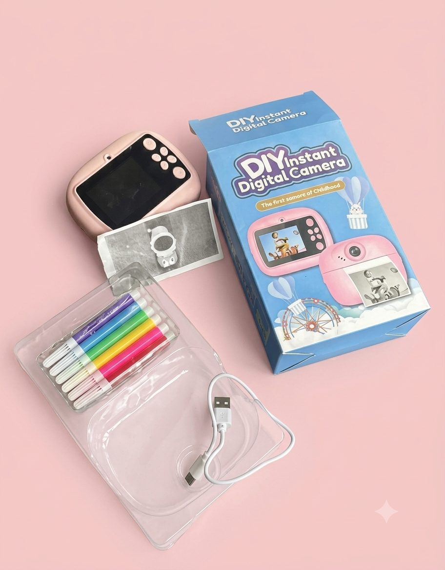 ๐ธ Kids DIY Instant Print Digital Camera โ Zero-Ink Black & White Printing, Coloring Markers & Rechargeable Battery