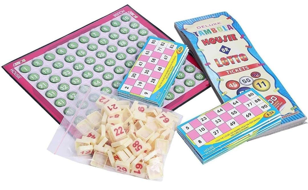 Dolly Housie Board Game - 600 Tickets with 48 Reusable Cards & Flexible Tile Board
