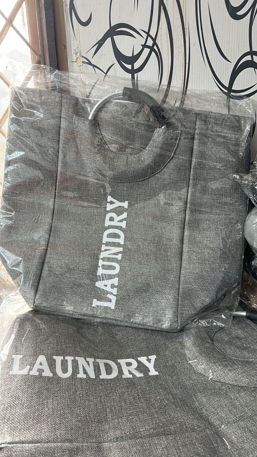 White & Grey Canvas Laundry Bag with Handles