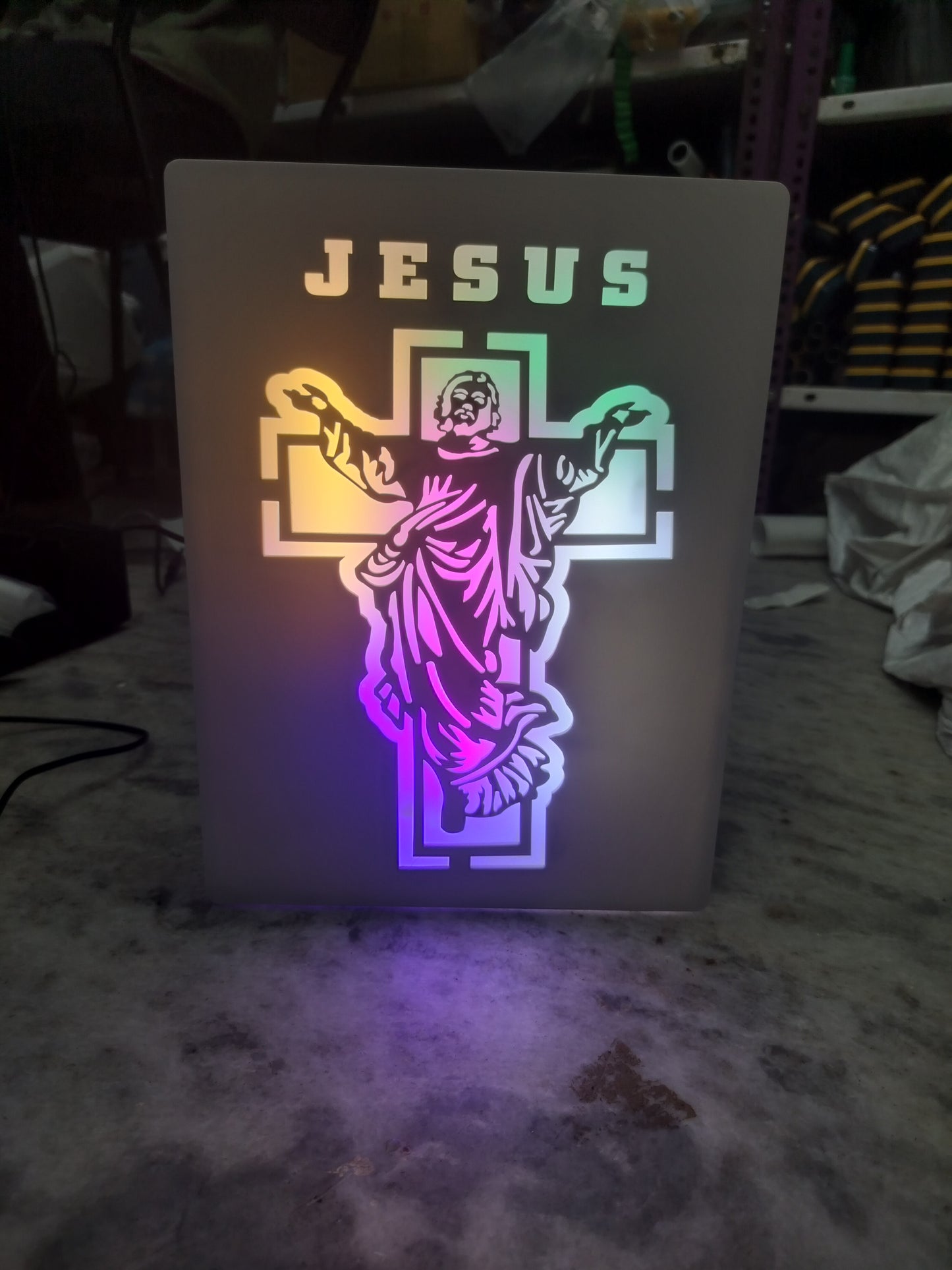 Jesus Cross LED Wall Frame – Multicolor Light Christian Decor