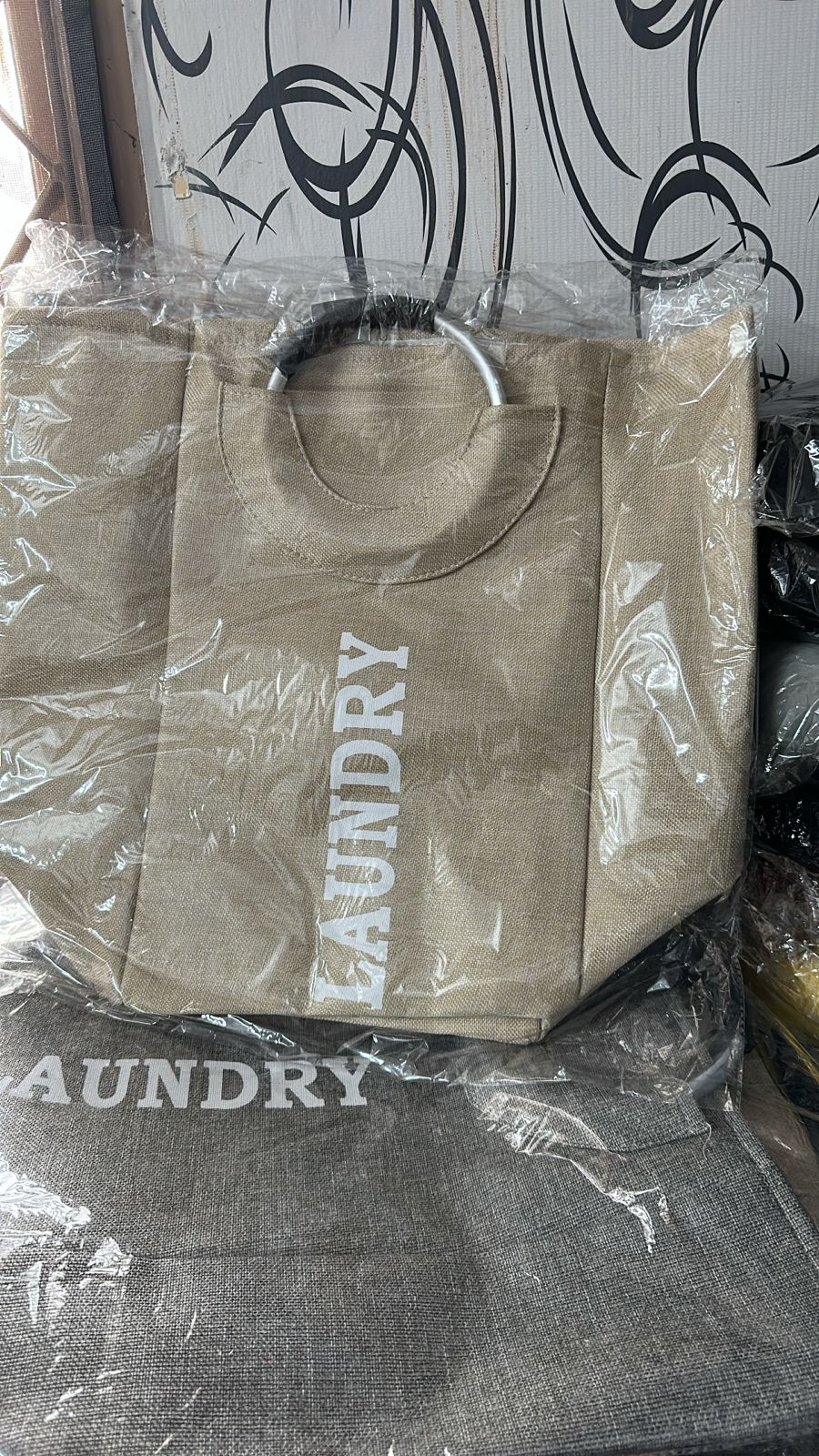 White & Grey Canvas Laundry Bag with Handles