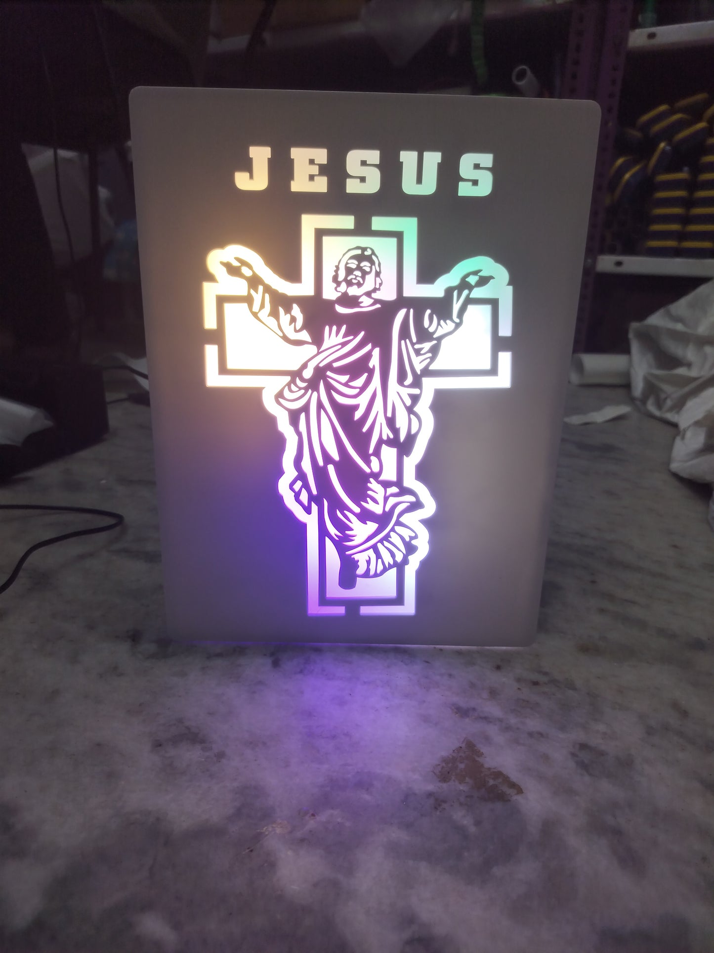 Jesus Cross LED Wall Frame – Multicolor Light Christian Decor